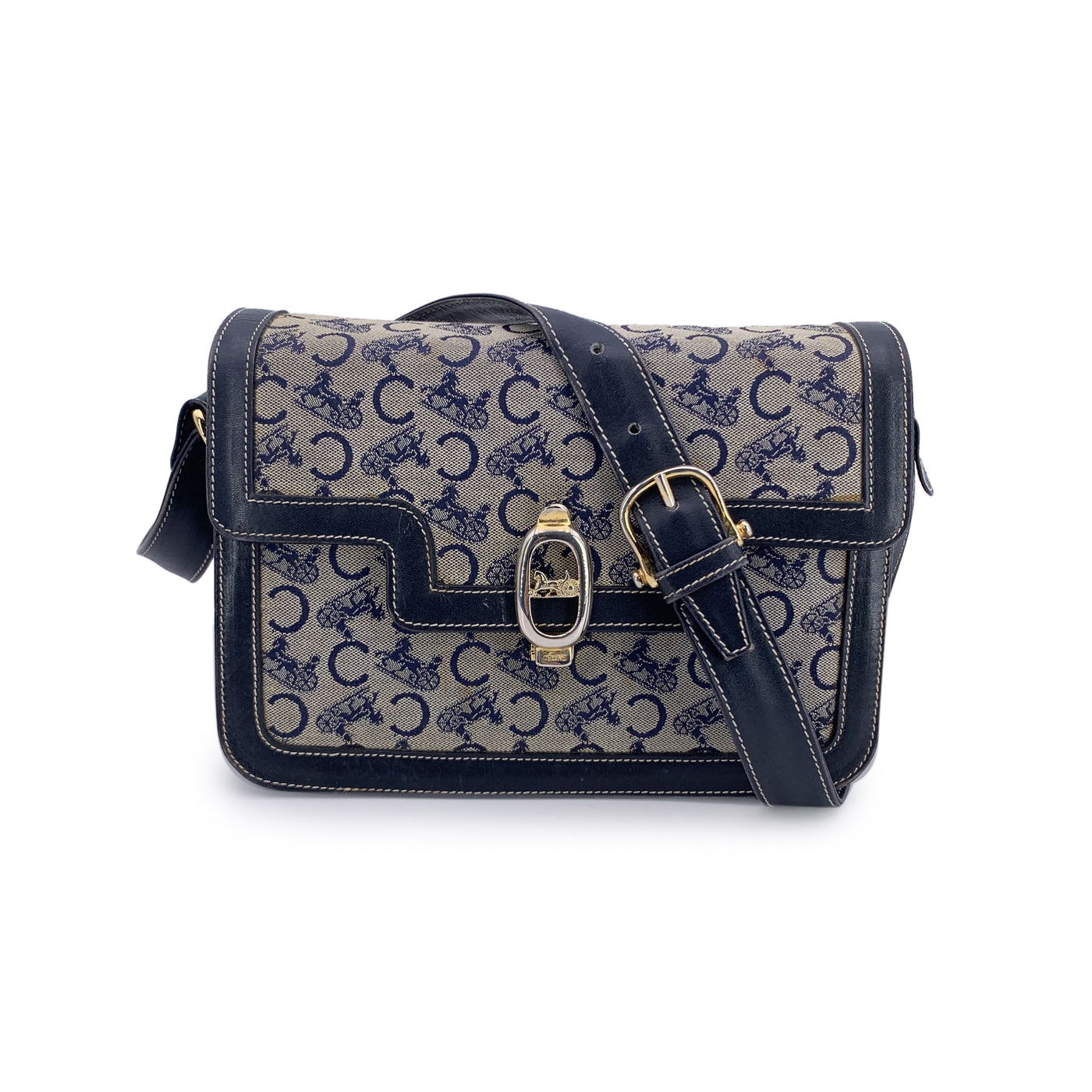 Celine Vintage Blue Grey C Carriage Canvas Box Flap Shoulder Bag