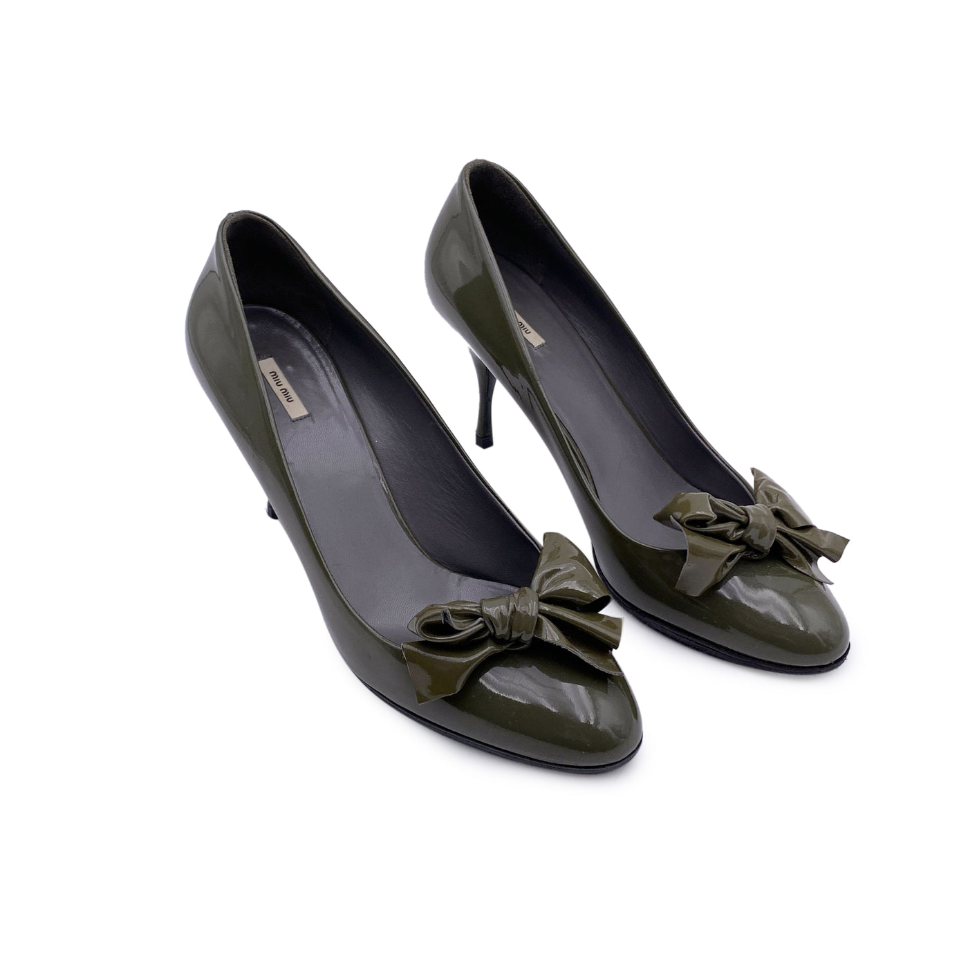 Miu Miu Military Green Patent Leather Bow Close Toe Pumps Heels 39.5