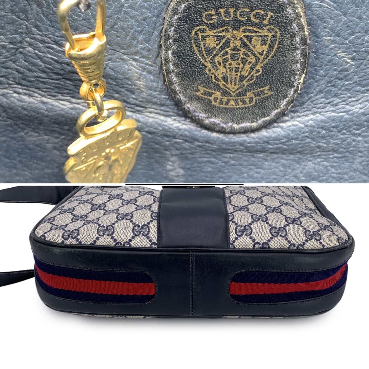 Gucci Vintage Navy Blue Monogram Canvas Shoulder Bag Tote