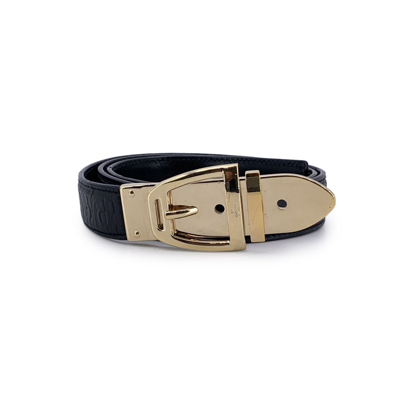Gucci Black Embossed Horsebit Leather Belt Size 80/32