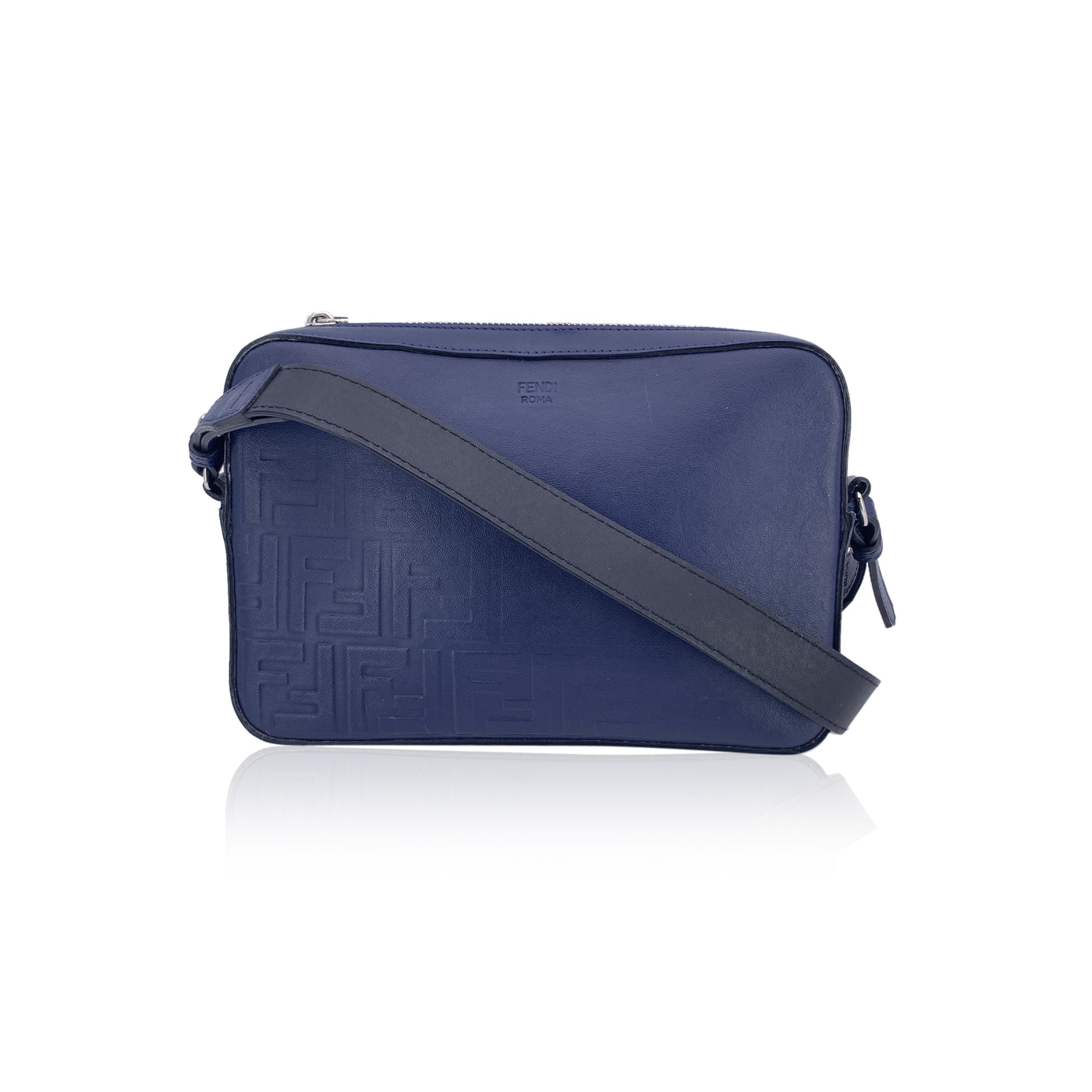 Fendi Blue Embossed Forever Fade Logo Leather Camera Crossbody Bag