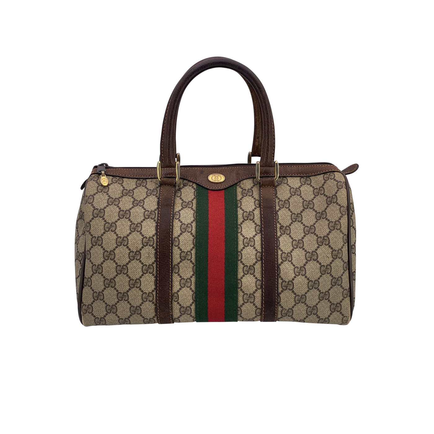 Gucci Vintage Brown Monogram Canvas Leather Web Boston Bag