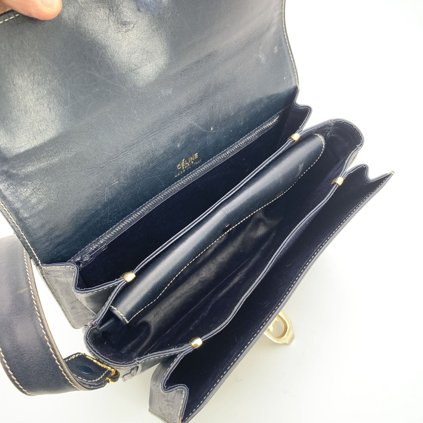 Celine Vintage Blue Grey C Carriage Canvas Box Flap Shoulder Bag
