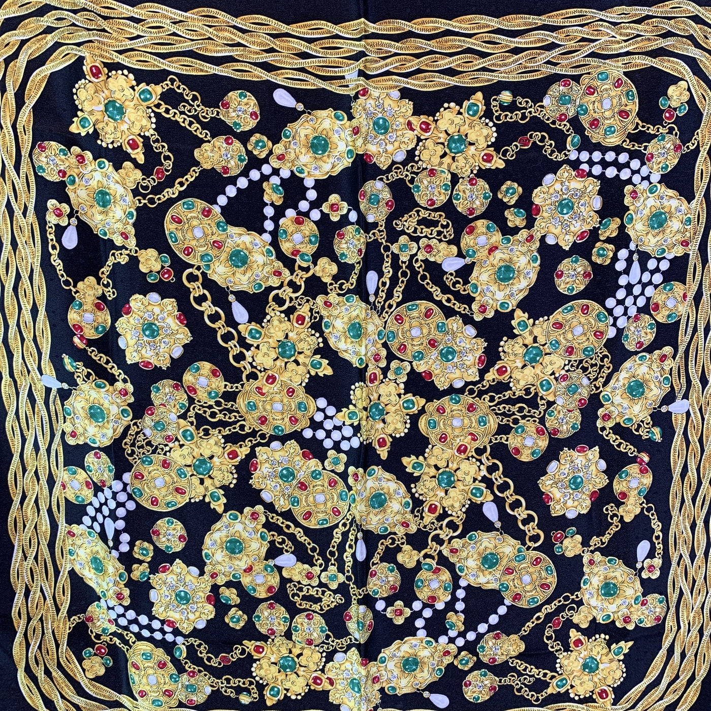 Chanel Vintage Black Silk Scarf Bijoux Jewels Print