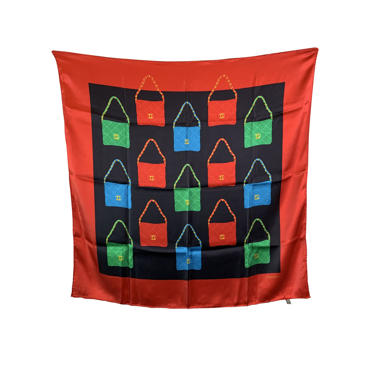 Chanel Vintage Red Silk Scarf Classic Matelasse Flap Bag Print