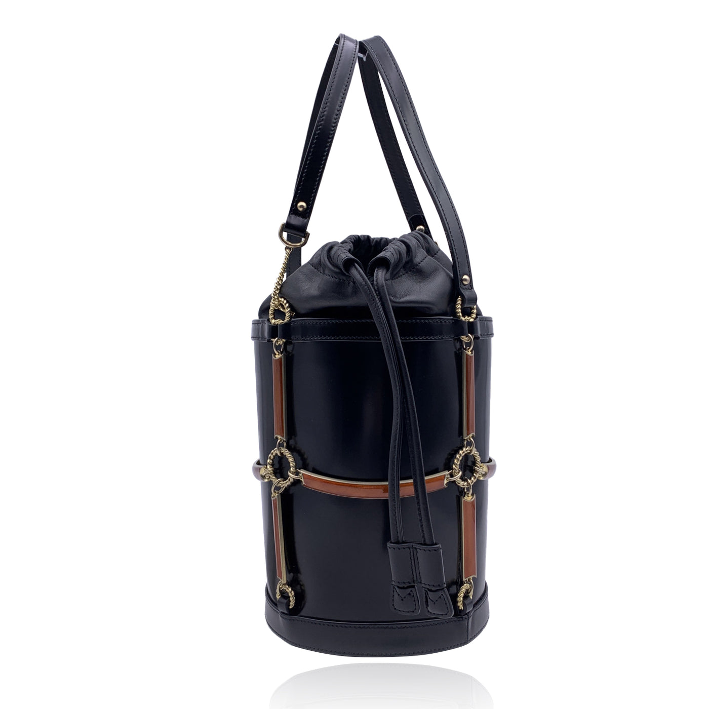 Gucci Black Leather Enamel Cage Round Bucket Bag Tote Handbag