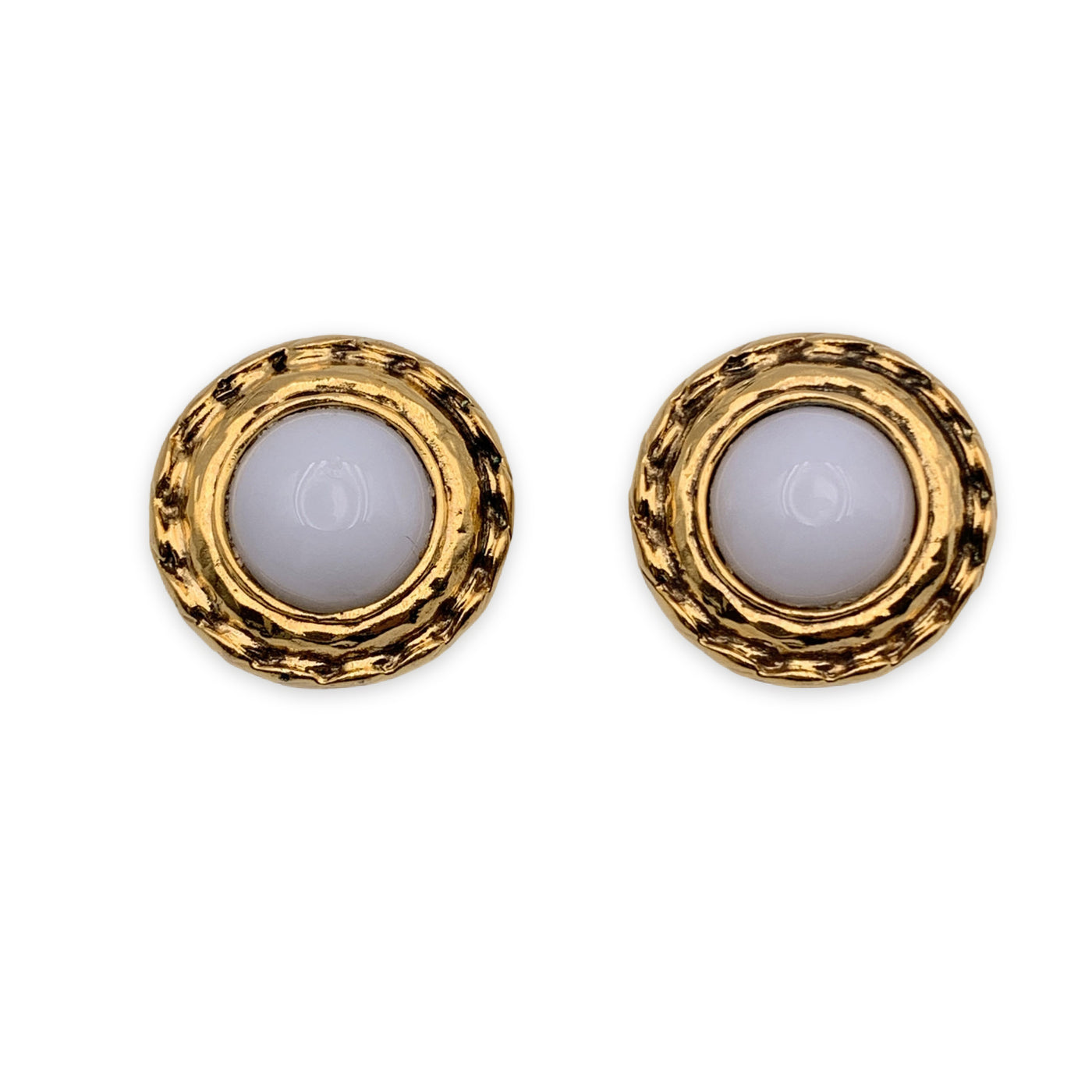 Chanel Vintage Gold Metal White Cabochons Clip On Earrings