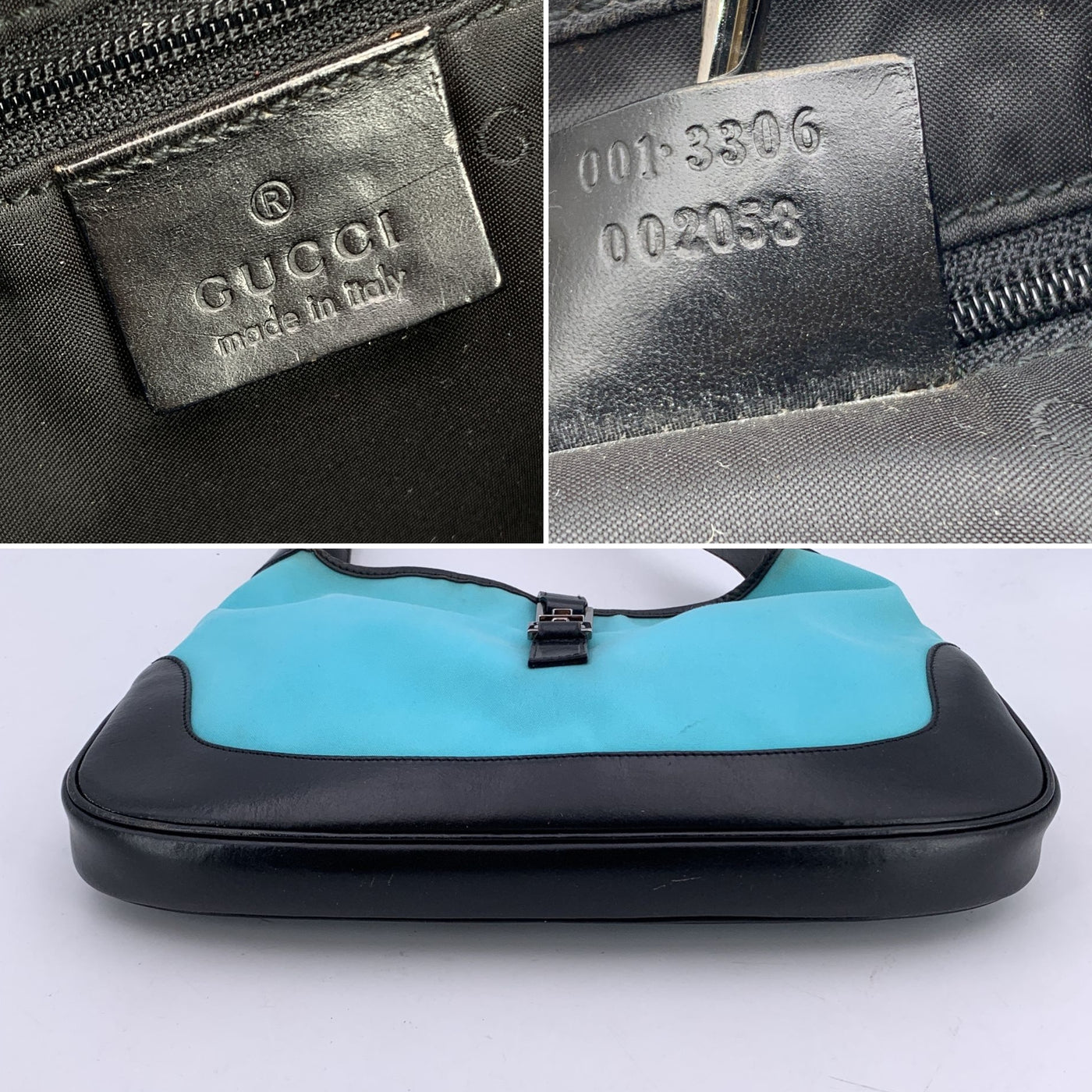 Gucci Turquoise Canvas Black Leather Jackie Hobo Bag Handbag