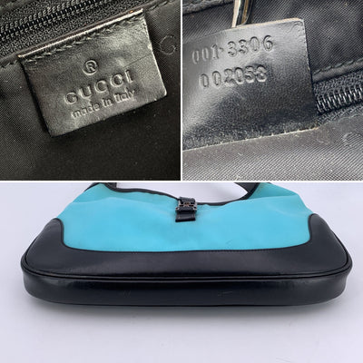 Gucci Turquoise Canvas Black Leather Jackie Hobo Bag Handbag