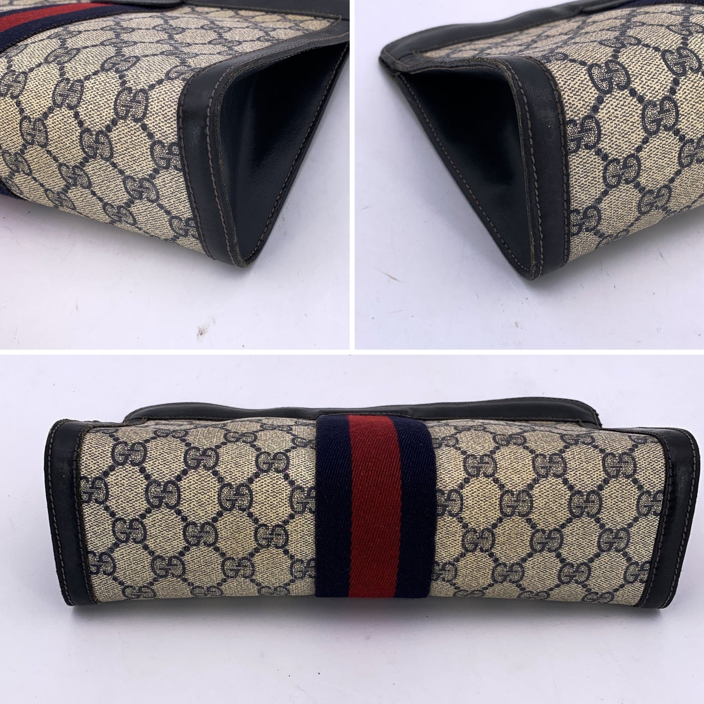 Gucci Vintage Blue Monogram Cosmetic Bag Large Clutch with Stripes