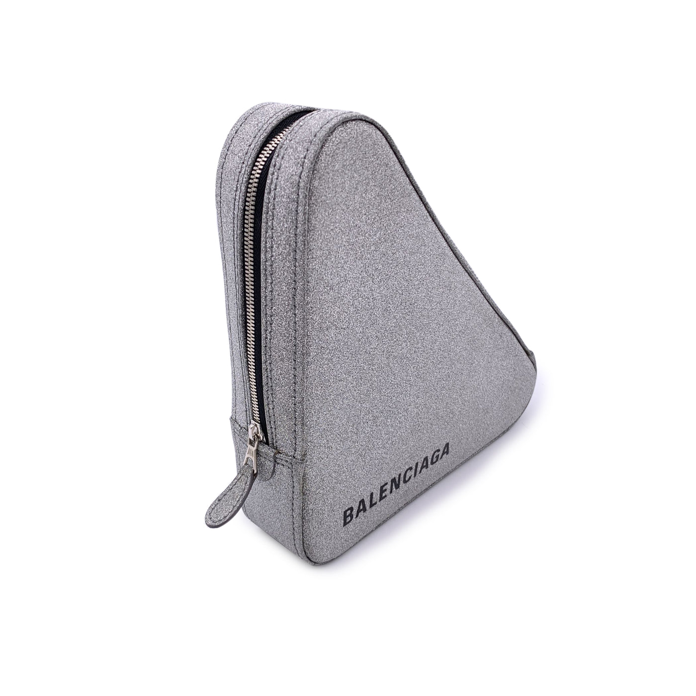 Balenciaga Silver Glitter Logo Print Triangle Clutch Bag Pochette