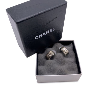 Chanel Silver Metal Semi Hoop CC Logo Earrings Piercing Ears