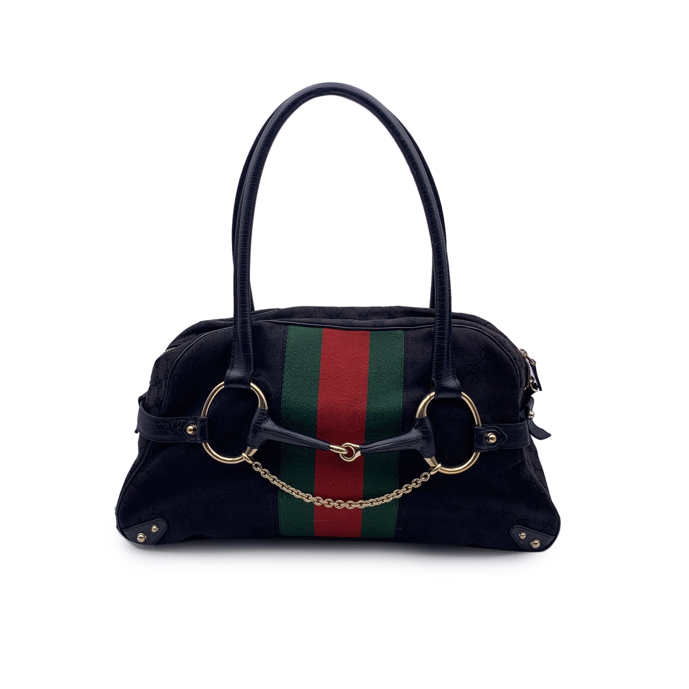 Gucci Black Monogram Canvas Striped Horsebit Satchel Bag