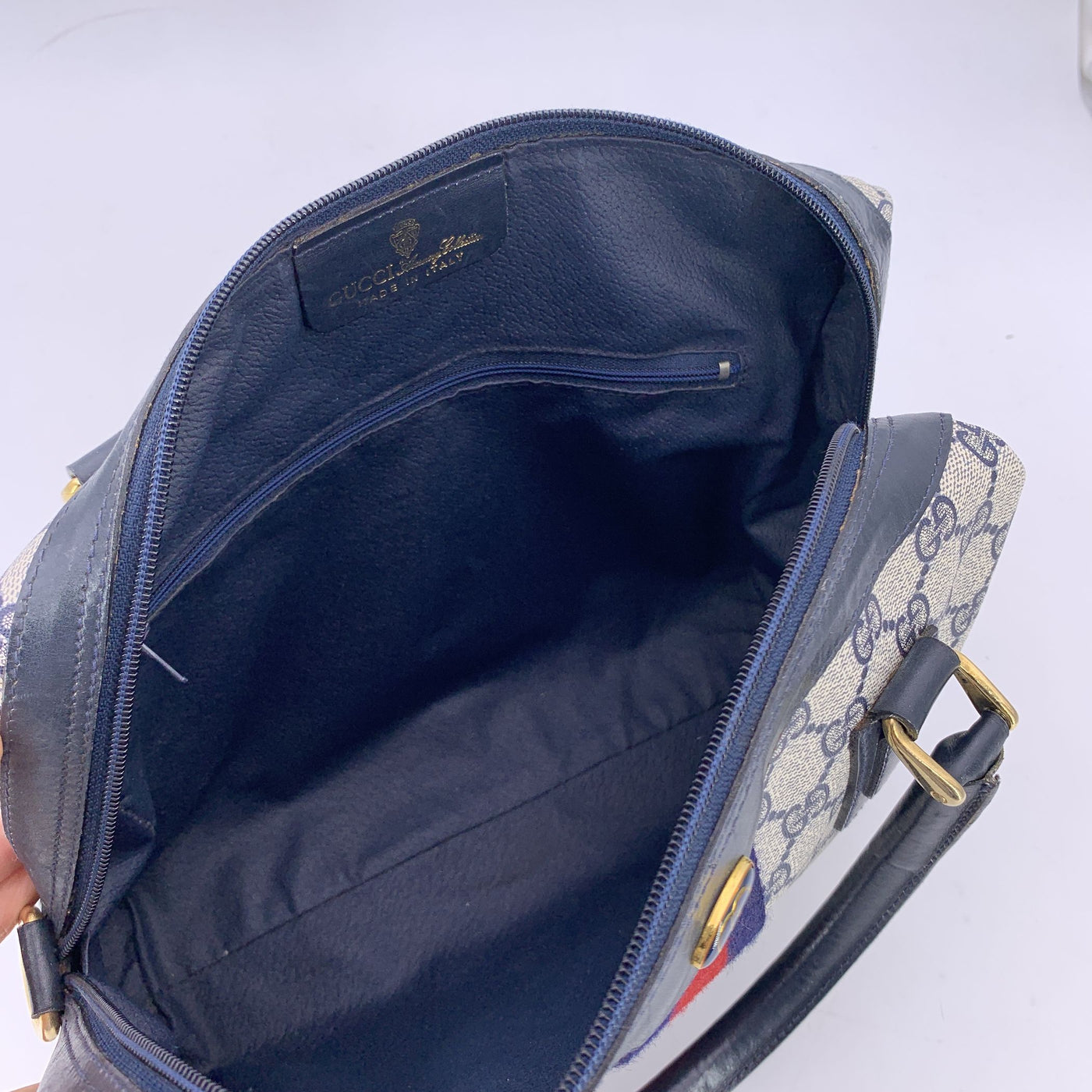 Gucci Vintage Blue Monogram Canvas Ophidia Satchel Bag with Stripes