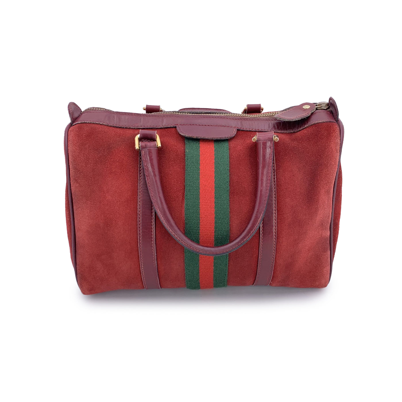 Gucci Vintage Burgundy Suede Web Stripes Boston Bag Handbag
