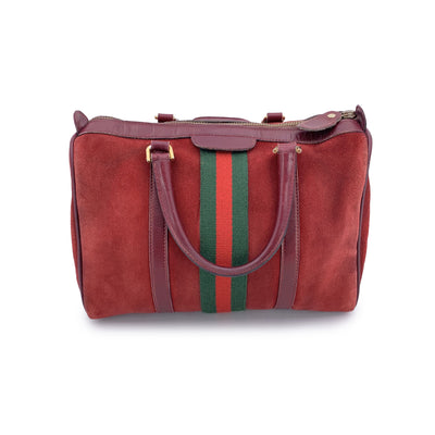 Gucci Vintage Burgundy Suede Web Stripes Boston Bag Handbag