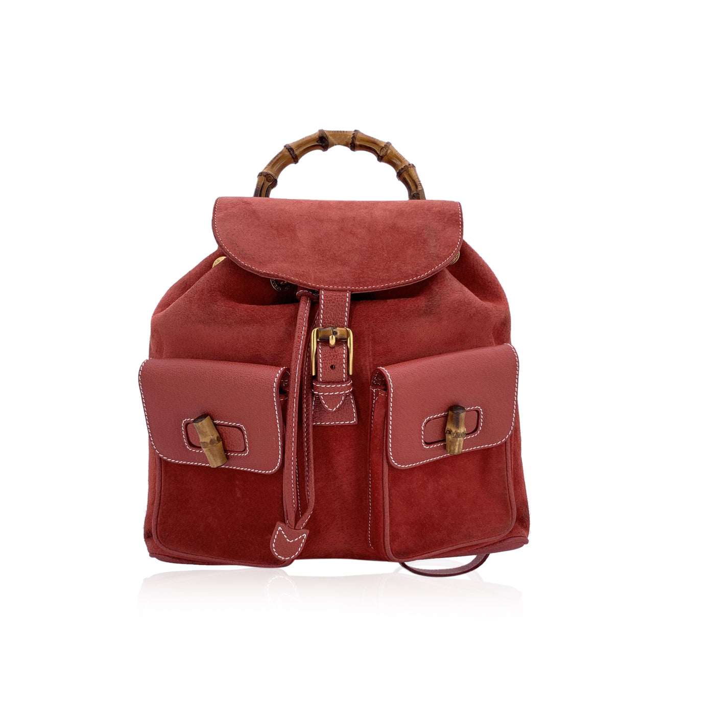 Gucci Vintage Red Suede and Leather Bamboo Backpack Shoulder Bag