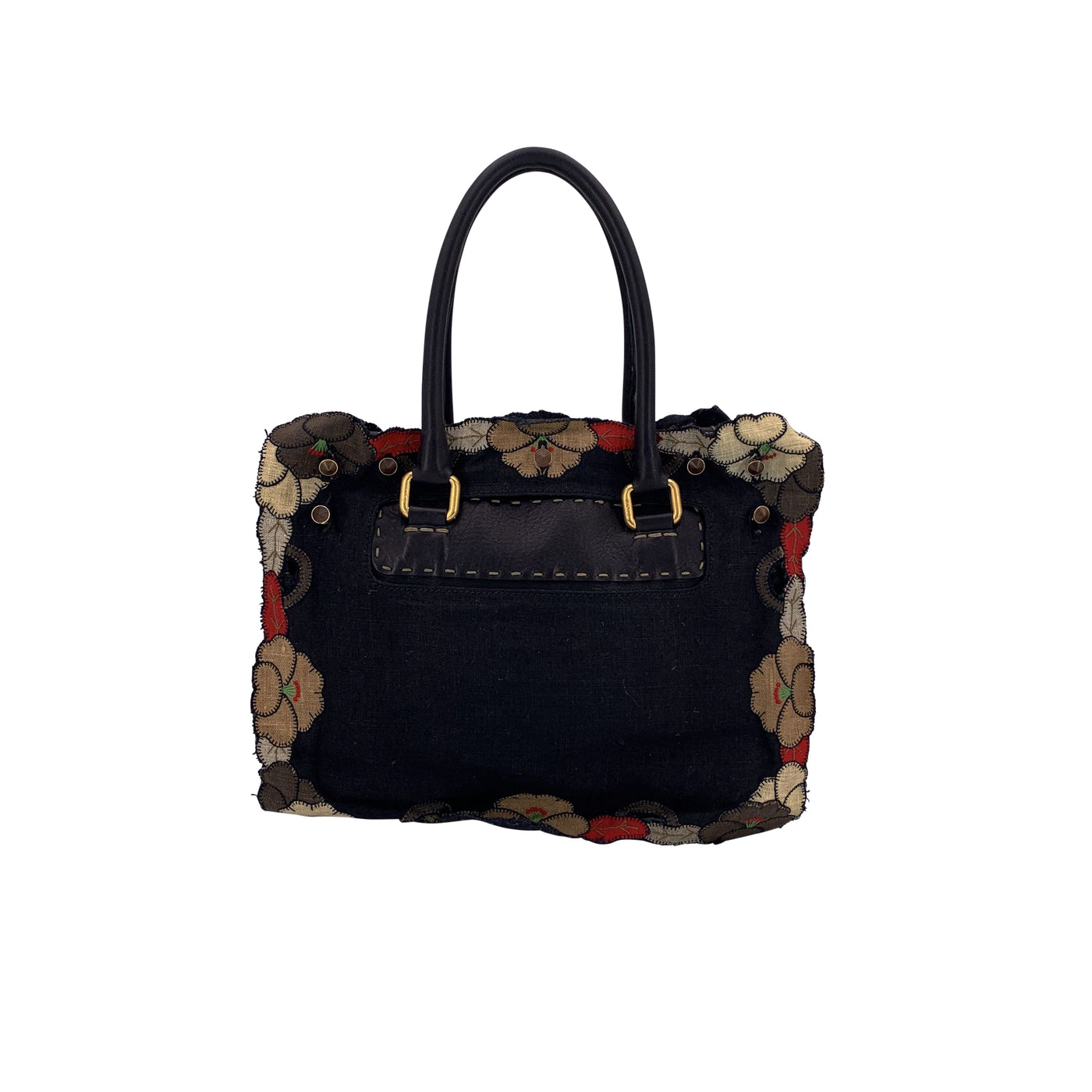 Fendi Black Canvas and Leather Floral Applique Satchel Handbag