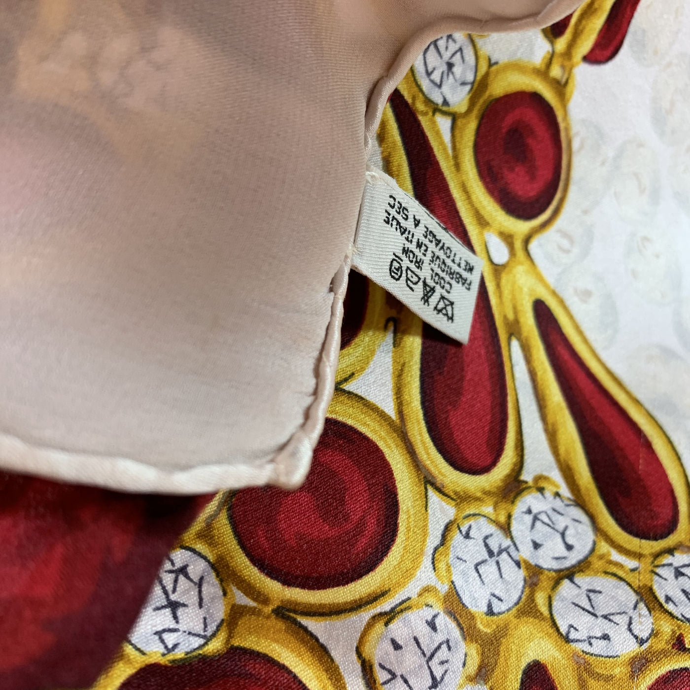 Chanel Vintage Beige Silk Scarf Gripoix Bijoux Jewels Print