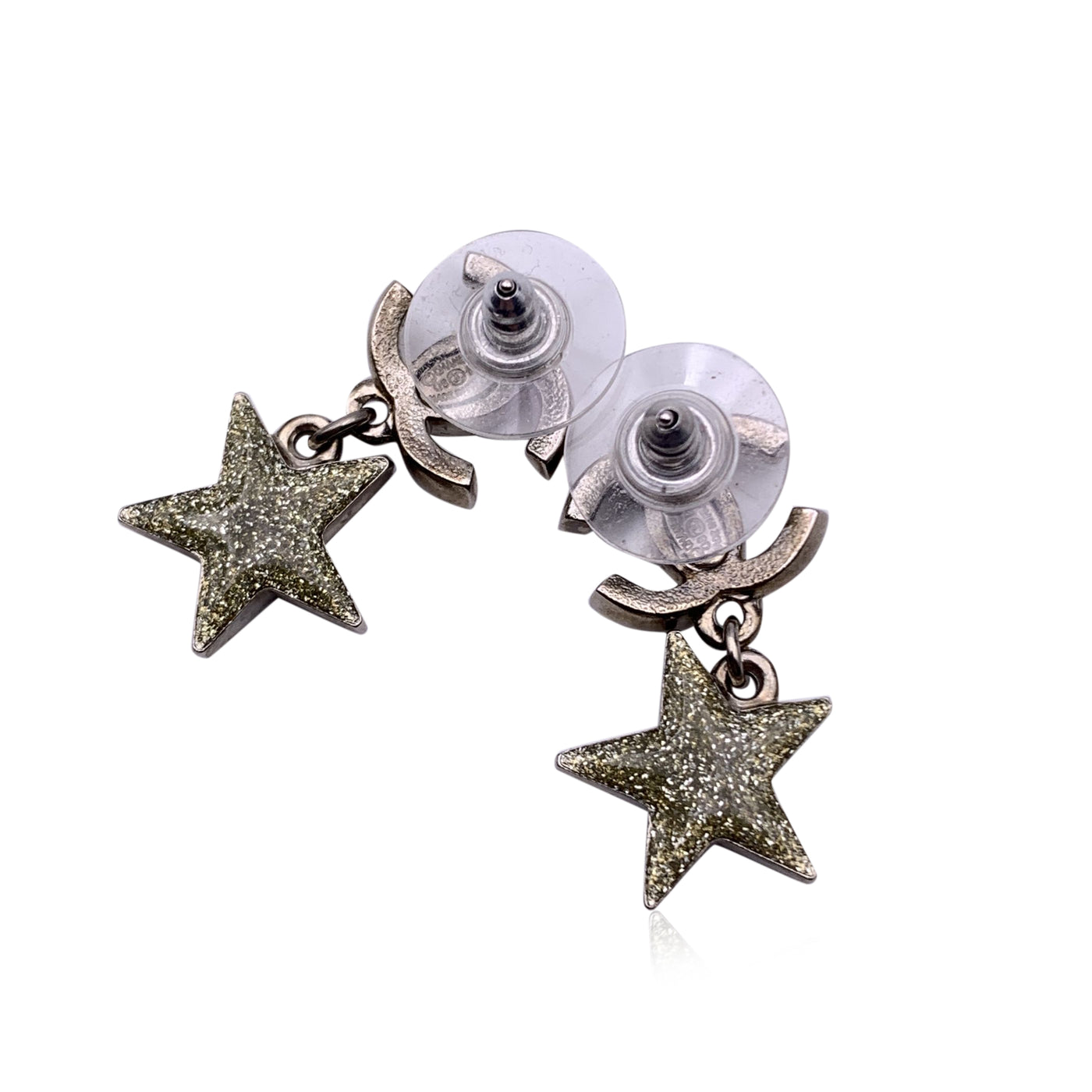 Chanel Silver Metal Crystal CC Star Drop Earrings For Pierced Ears