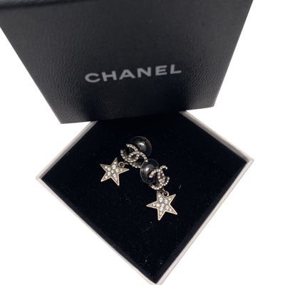 Chanel Silver Metal Crystal CC Star Drop Earrings For Pierced Ears