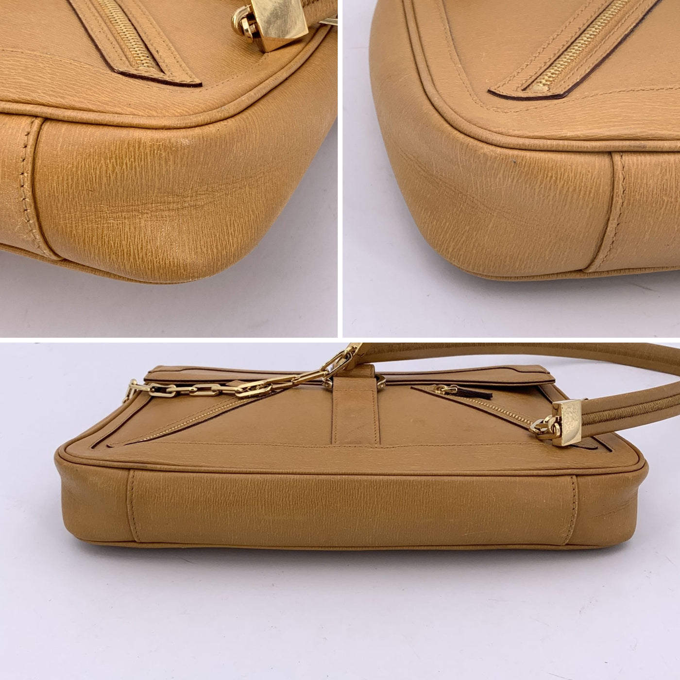 Gucci Beige Leather Zip Pockets Shoulder Bag