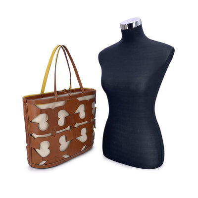 Tory Burch Brown Cut Out Logo Leather and Canvas Ella Tote Bag