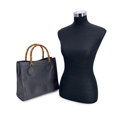 Gucci Vintage Dark Grey Leather Bamboo Princess Diana Tote Bag