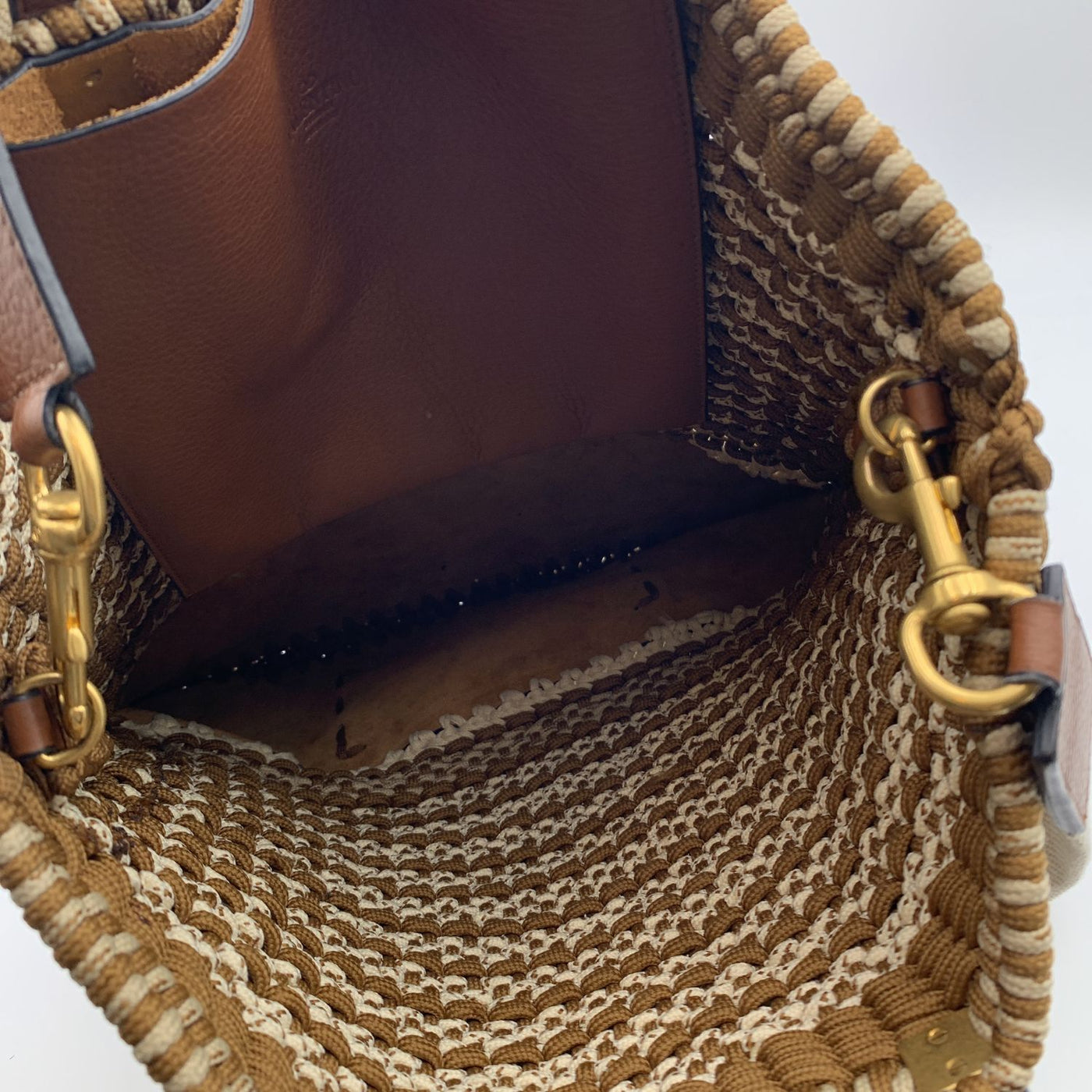 Valentino Garavani Rockstud Brown Leather and Crochet Tote Bag