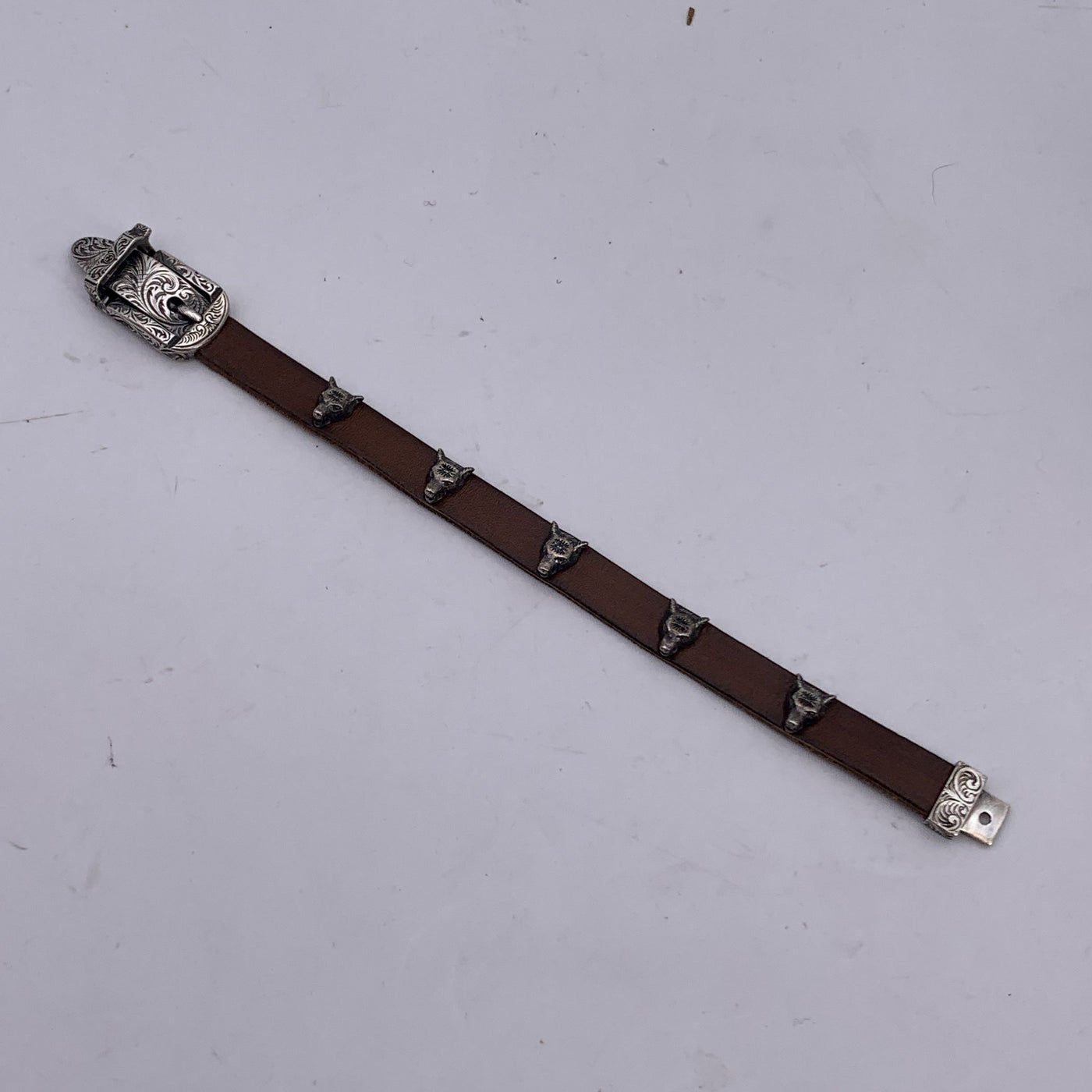 Gucci Brown Leather and Silver Bracelet Wolf Heads Studs Size 18