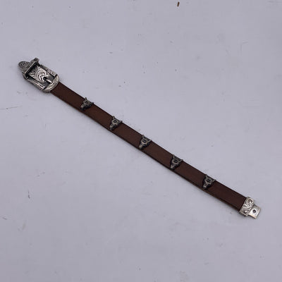 Gucci Brown Leather and Silver Bracelet Wolf Heads Studs Size 18