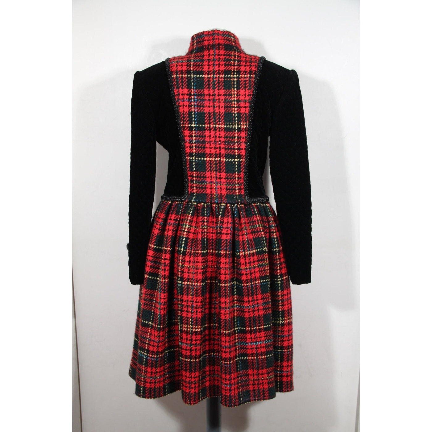 Andrea Odicini Vintage Black Velvet Red Tartan Coat Robe Manteau