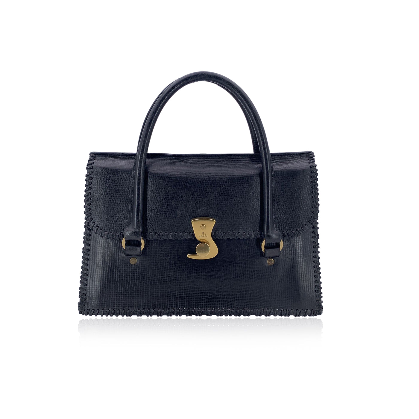 Gucci Black Leather Hook Closure Whipstitched Satchel Handbag