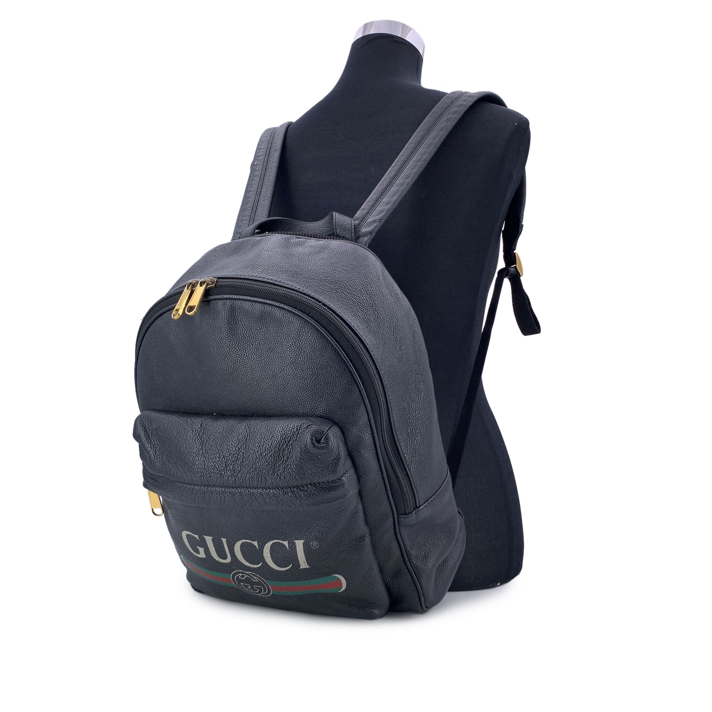 Gucci Black Leather Classic Logo Print Backpack Shoulder Bag