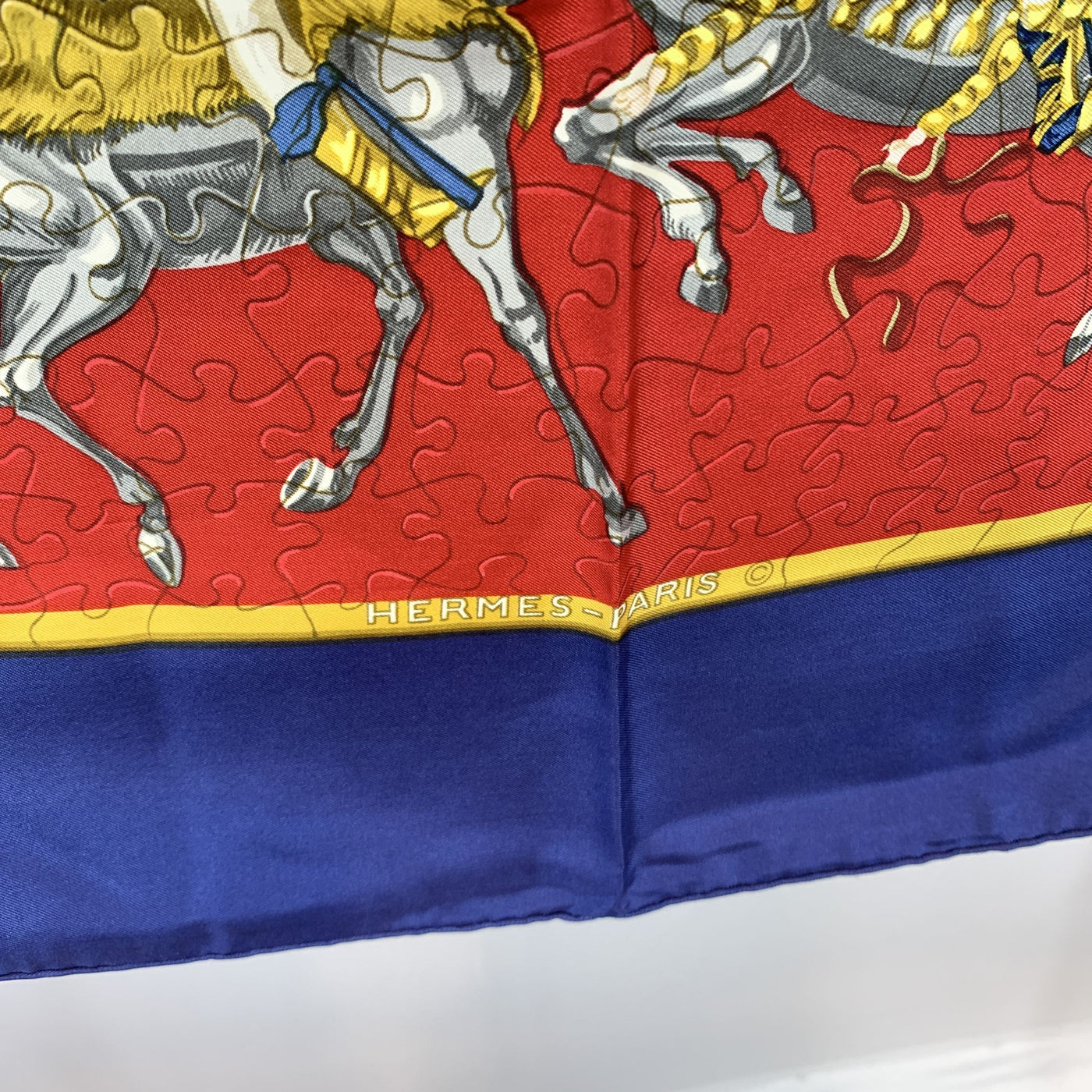 Hermes Vintage Red and Blue Silk Puzzle Scarf 1990 Joachim Metz