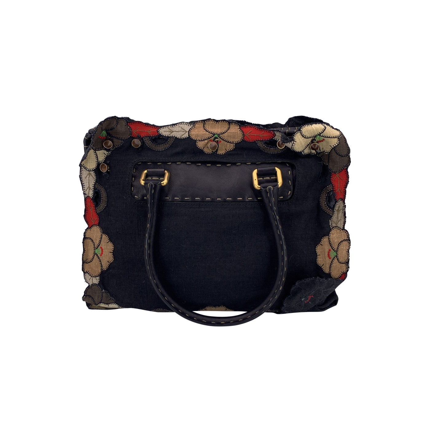 Fendi Black Canvas and Leather Floral Applique Satchel Handbag