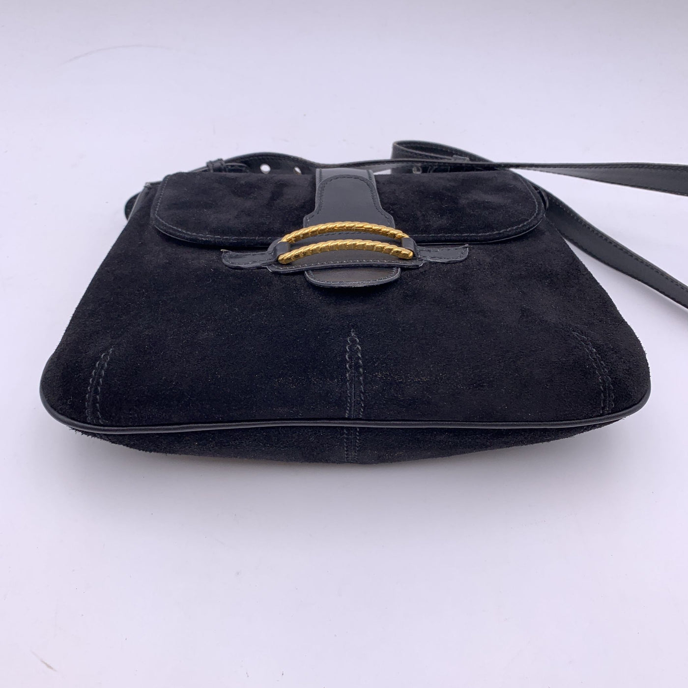 Gucci Vintage Black Suede and Leather Flap Shoulder Bag