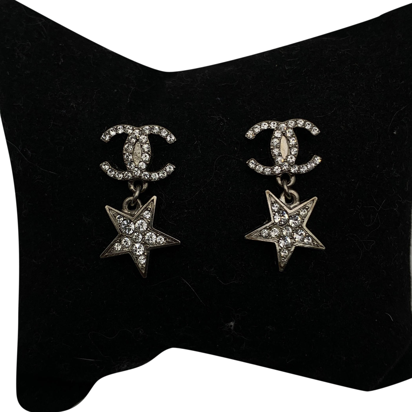 Chanel Silver Metal Crystal CC Star Drop Earrings For Pierced Ears