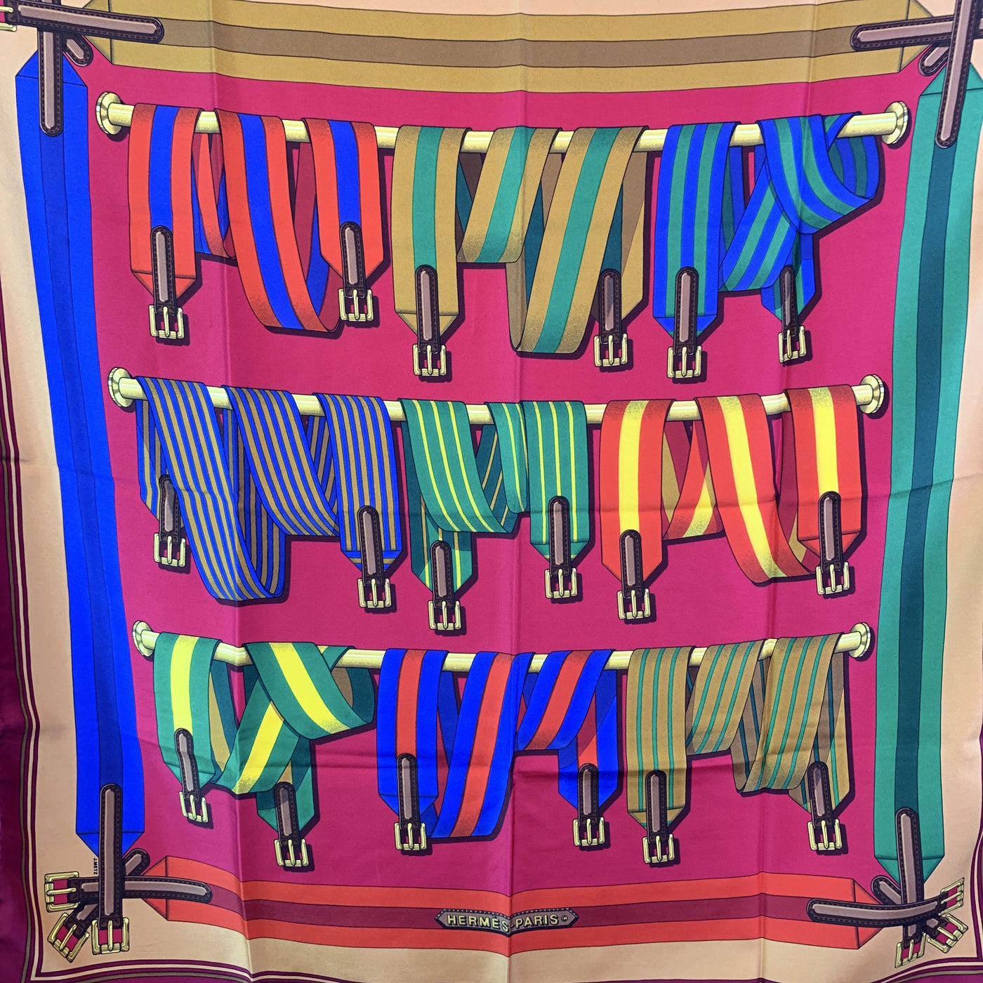 Hermes Vintage Silk Scarf Les Sangles Belts 1985 Metz Magenta