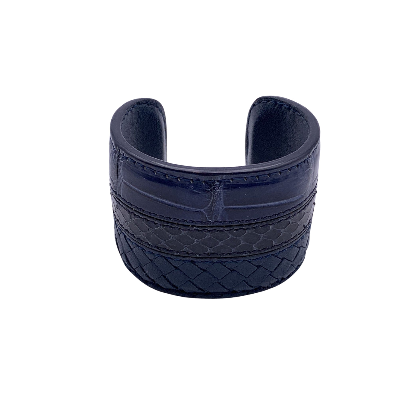 Bottega Veneta Blue Leather Woven Wide Bracelet Cuff Size S