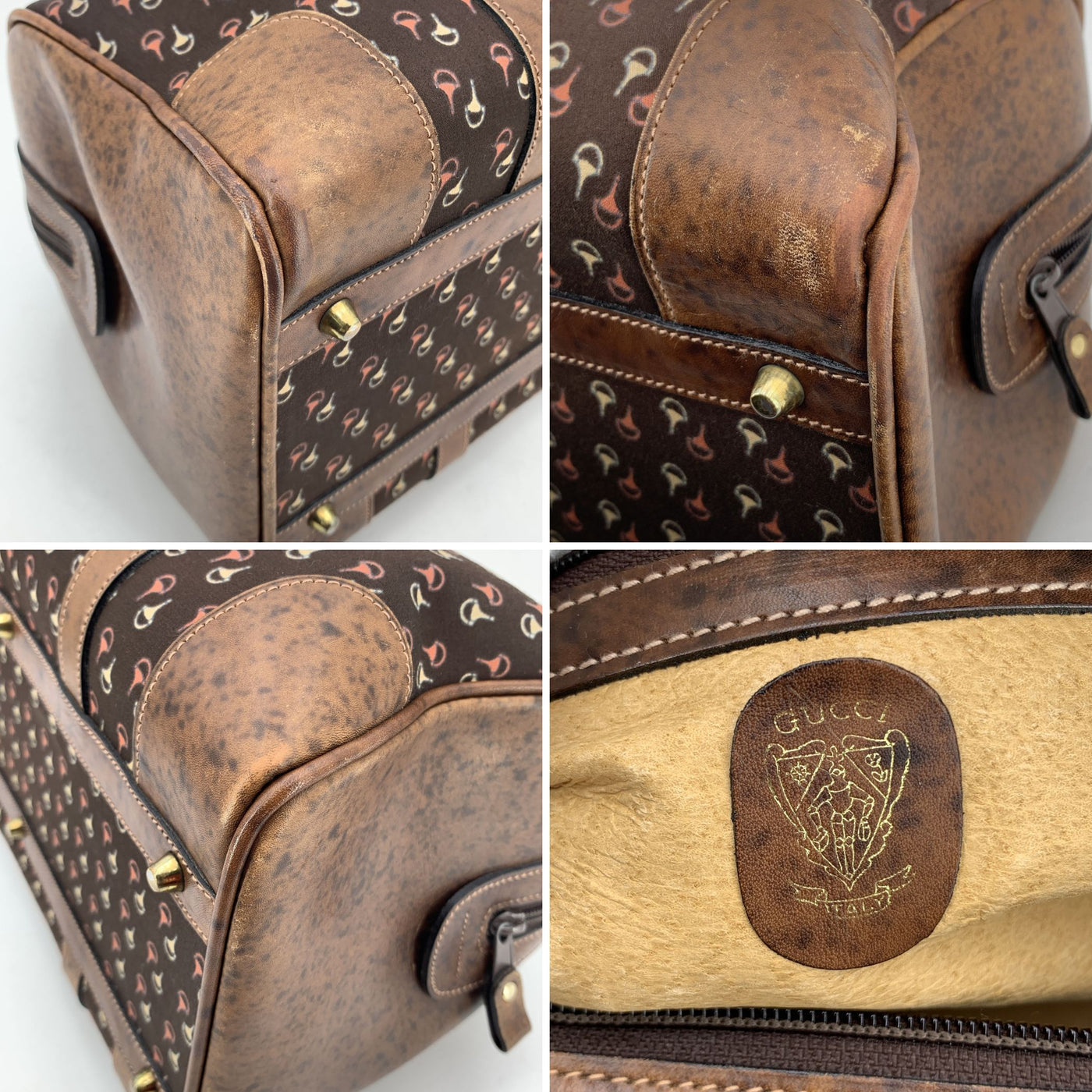 Gucci Vintage Brown Horsebit Canvas and Leather Boston Bag