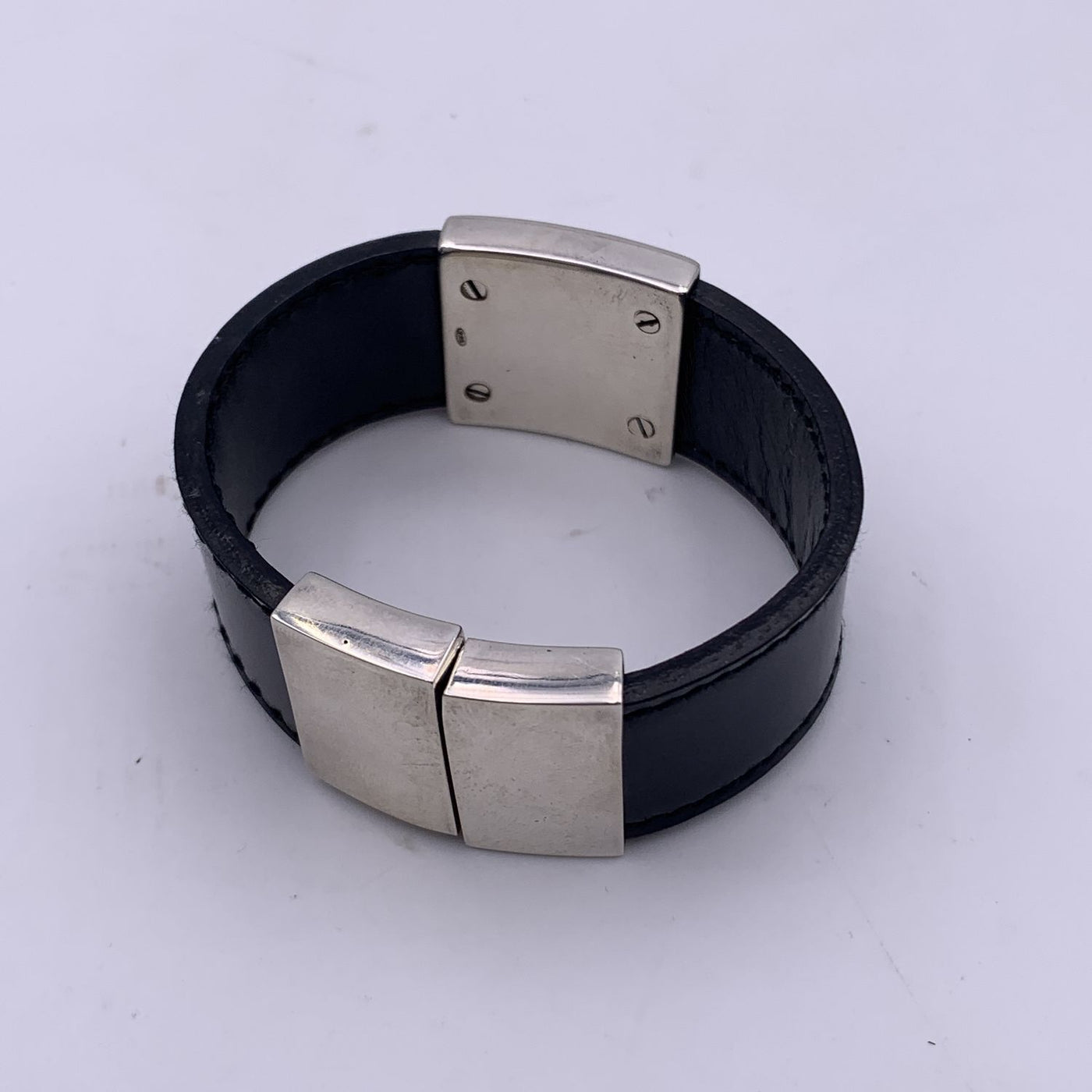 Gucci Black Leather Sterling Silver 925 Bangle Cuff Bracelet