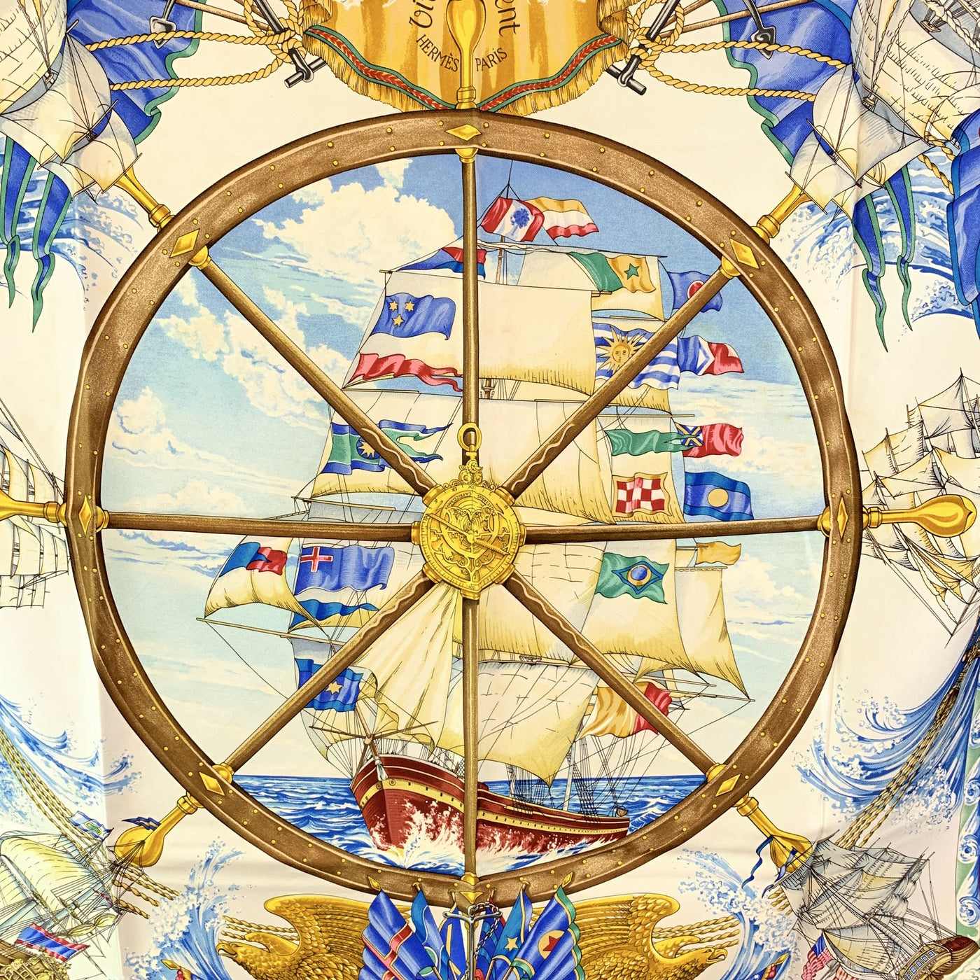 Hermes Vintage Blue Silk Scarf Vive le Vent 1992 Toutsy Bourthoumieux