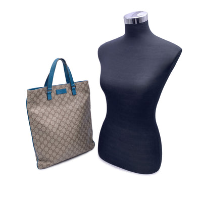 Gucci Beige GG Monogram Canvas Tote Shopping Bag Teal Leather