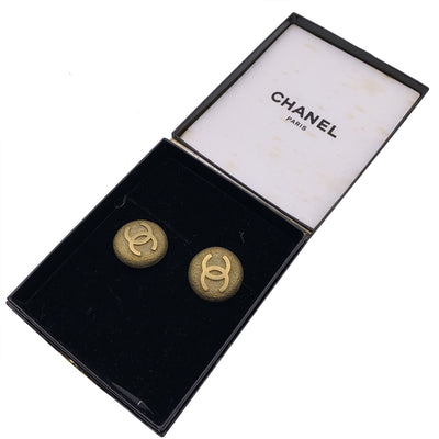 Chanel Vintage Gold Metal Round Embossed CC Logo Clip On Earrings