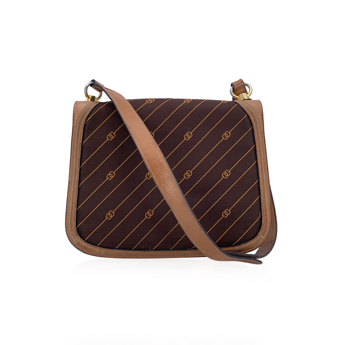 Gucci Vintage Brown Logo Canvas GG Shoulder Bag Tan Leather