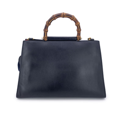 Gucci Black Leather Nymphaea Tote Bag Bamboo Handle with Strap