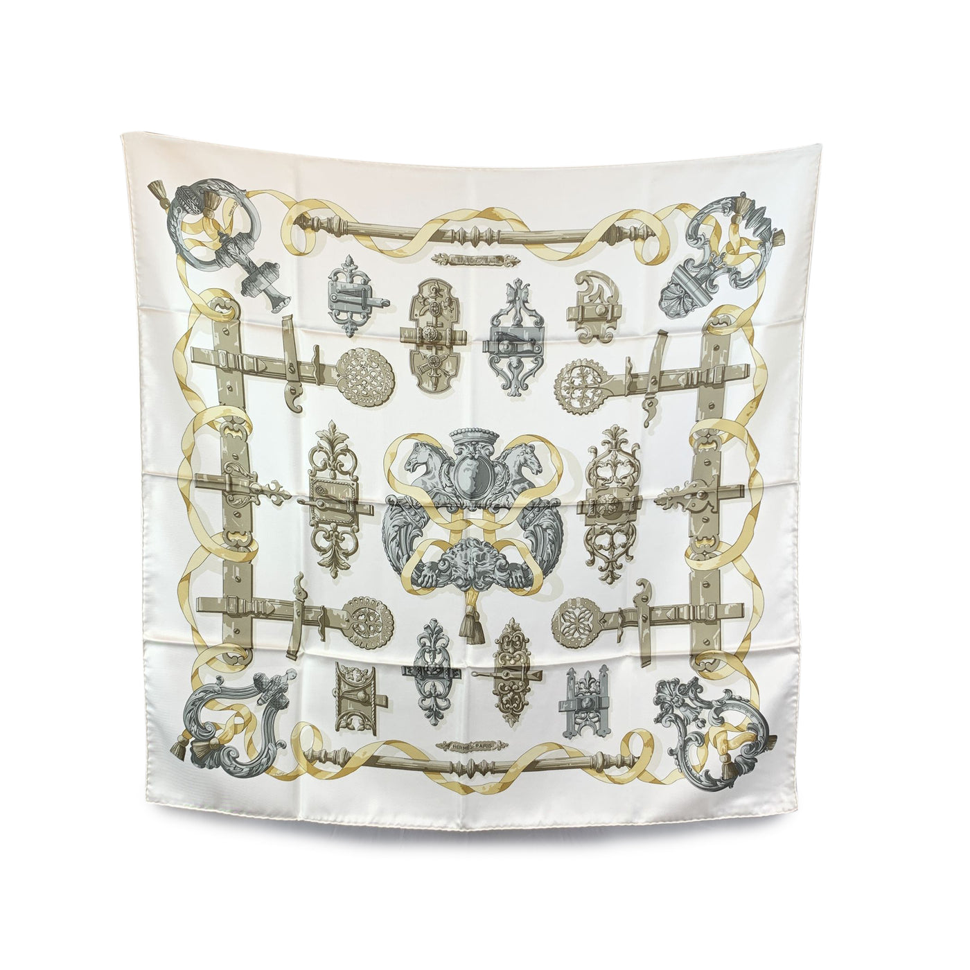 Hermes Paris Vintage White Silk Scarf Ferronnerie 1970 Cathy Latham