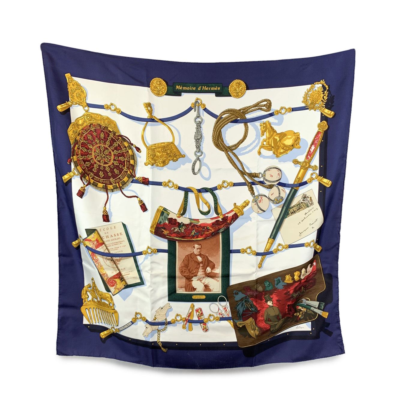 Hermes Vintage Silk Scarf 1992 Memoires D'Hermes Latham Blue