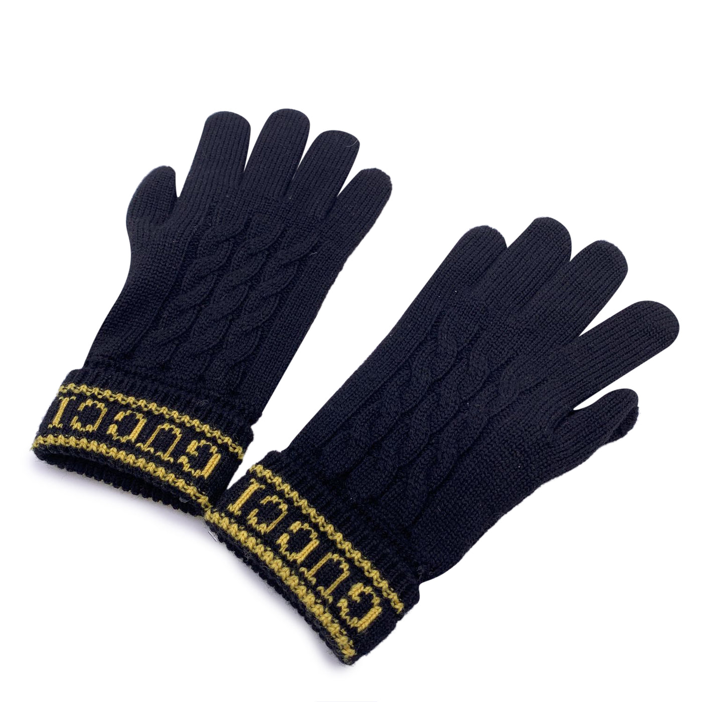 Gucci Black Wool and Leather Unisex Logo Knit Gloves Size M